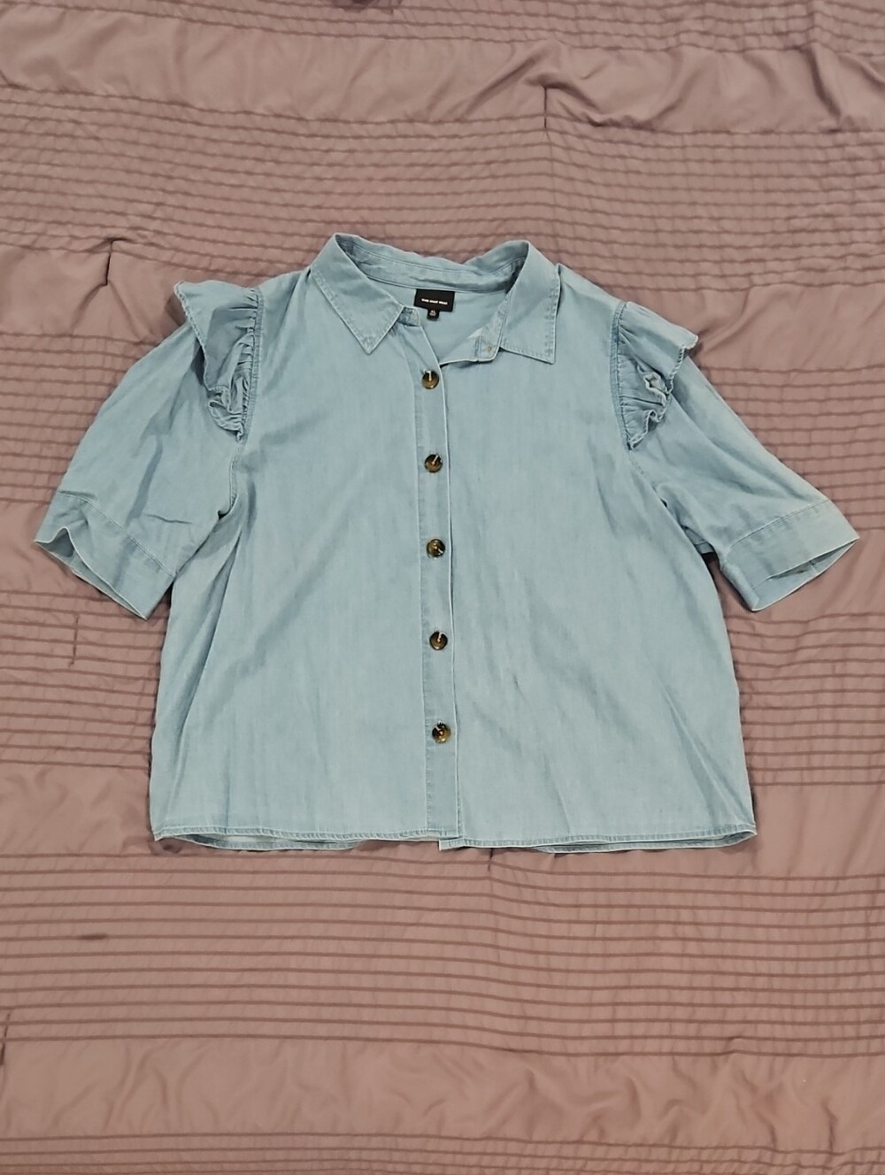 Denim Looking Ruffle Sleeve Button Down